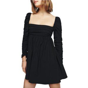 NWT Reformation Netta Square Neck Ruched Long Sleeves Babydoll Dress Black Sz 10